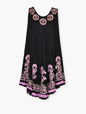 Cleopatra Vintage Black Pink Embroidered Sleeveless Hippie Chic Trapeze Dress